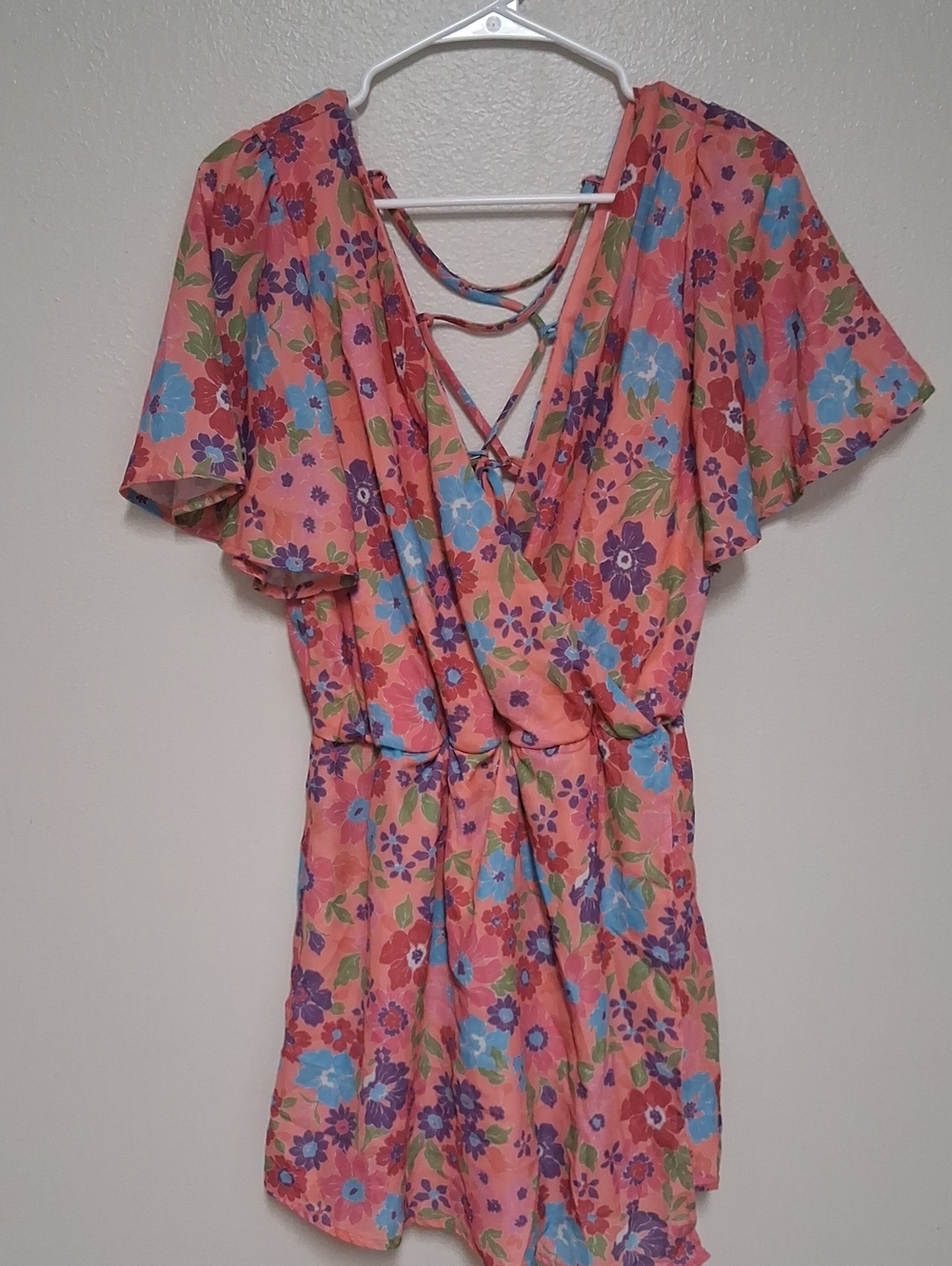 Pink Lily Coral Floral Crisscross V-Neck Tunic Shorts Romper
